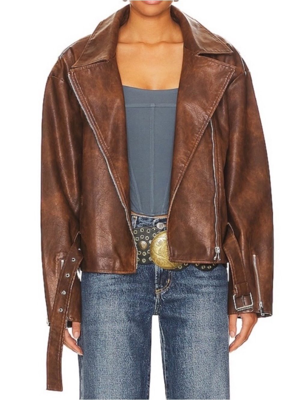 superdown Brown Faux Leather Asymmetric Moto Jacket